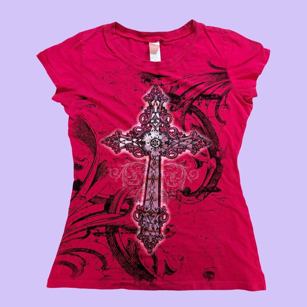 Y2K Star Pink Gothic Grunge Scene Cross Graphic Tee Top Short Sleeve Shirt #19